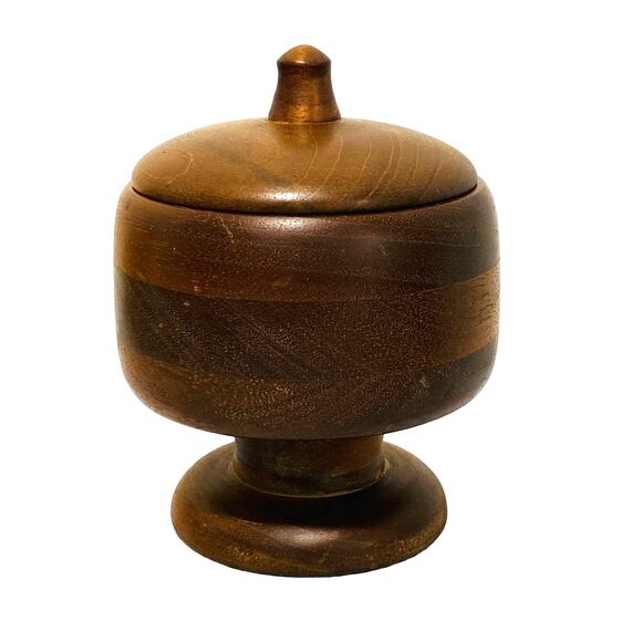 Vintage 1972 Signed Hand Turned Wood Pedestal Jar & Lid Covered Candy Dish - Picture 4 of 9